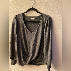 MAURICES: dark gray with silver sparkle knotted front dressy top.